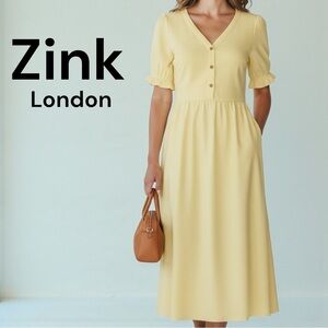Zink London Yellow Puff Sleeve Midi Dress Side Zip Pockets Fully Lined Small